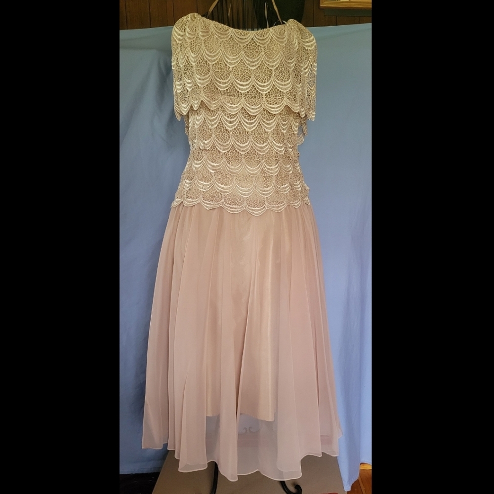 Vtg 80s Dress Sz 14 Sheer Chiffon Lace Prom, Cocktail, Formal Gown & Slip